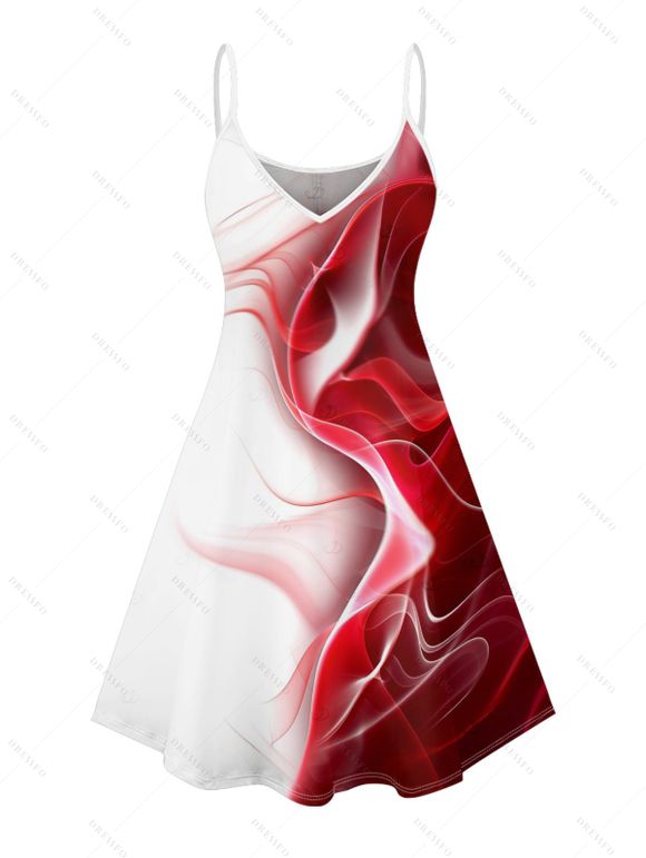 Robe de vacances imprimée de couleur contrastée à bretelles spaghetti et col en V, mini robe débardeur décontractée - Rouge XXXXXL | US 20