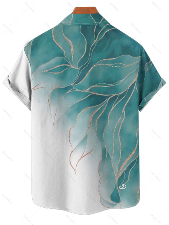 Chemise de vacances à motif de feuilles pailletées ombrées pour homme, chemise décontractée à manches courtes et boutonnée et retroussable - Vert clair 2XL