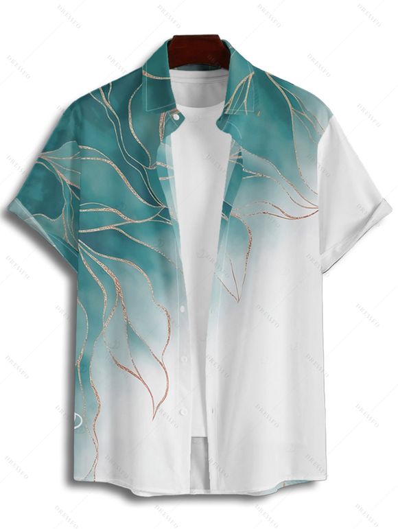 Chemise de vacances à motif de feuilles pailletées ombrées pour homme, chemise décontractée à manches courtes et boutonnée et retroussable - Vert clair 2XL