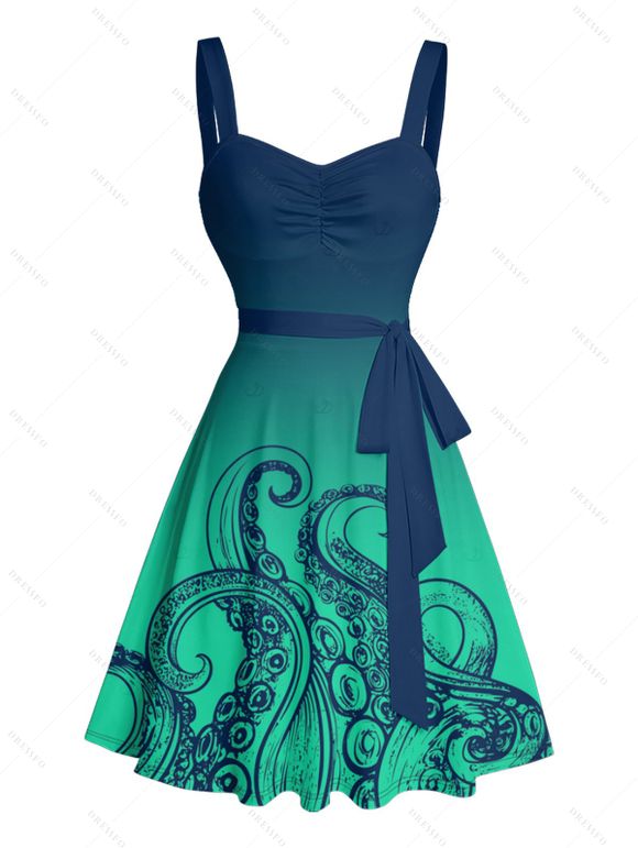 Robe de plage courte à volants et col en cœur, motif pieuvre ombré, ceinture et buste froncé - Vert profond XXXXXL | US 20