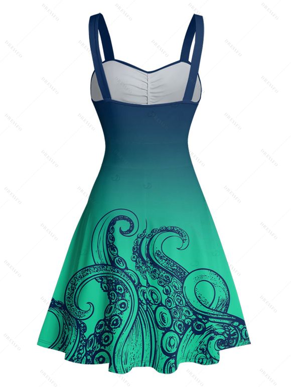 Robe de plage courte à col en cœur et ceinture froncée à motif pieuvre ombré - Vert profond S | US 4