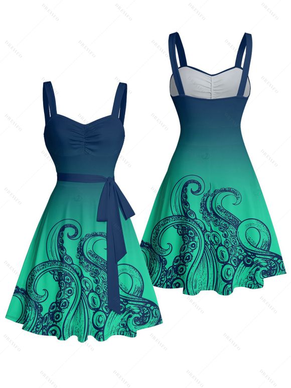 Robe de plage courte à col en cœur et ceinture froncée à motif pieuvre ombré - Vert profond S | US 4