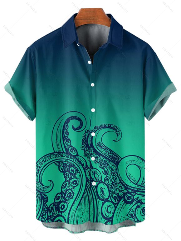 Chemise de vacances à motif poulpe ombré pour homme, boutonnée, retroussée, manches courtes, pour la plage - Vert profond 5XL