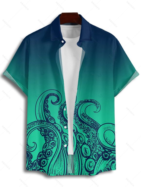 Chemise de vacances à motif poulpe ombré pour homme, boutonnée, retroussée, manches courtes, pour la plage - Vert profond M