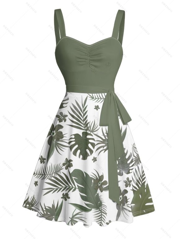 Robe de vacances à motif floral et feuilles, buste froncé, ceinture, col en cœur, mini robe de plage trapèze - Vert profond XXXXXL | US 20