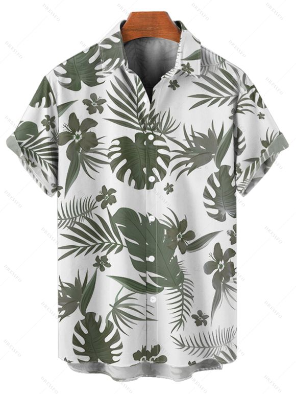 Chemise de vacances à motif floral et feuilles pour homme, boutonnée, retroussée, manches courtes, pour la plage - Vert profond 5XL