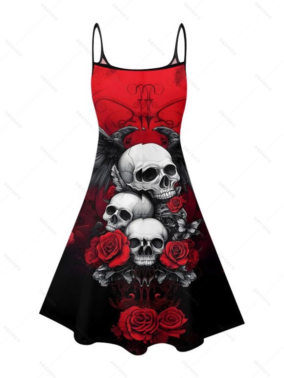 Robe gothique à motif floral, papillon, aigle, tête de mort, bretelles spaghetti, col en V, coupe trapèze, mini, pour les vacances - Rouge XXXL | US 16