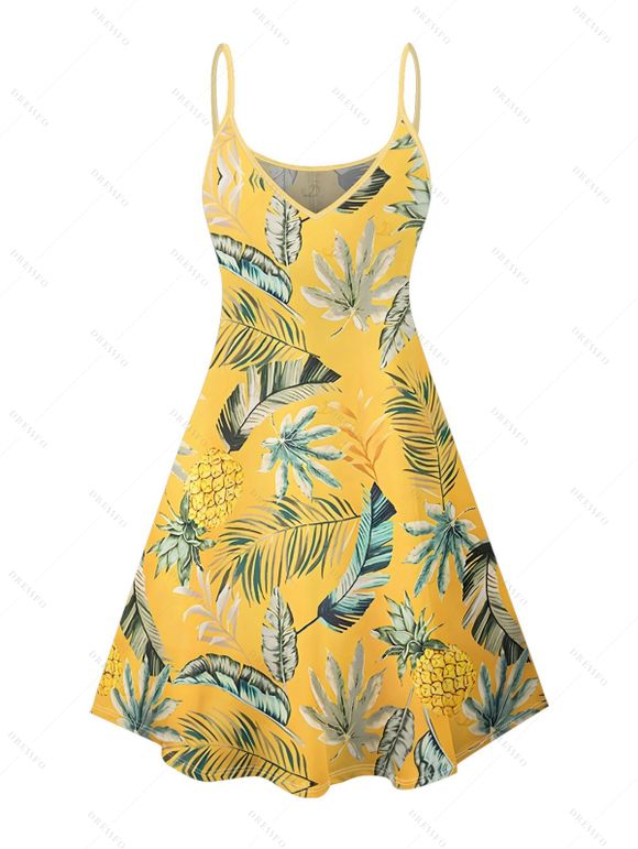 Robe de vacances à motif feuille d'ananas, bretelles spaghetti, col en V, coupe trapèze, mini-robe débardeur hawaïenne - Jaune XXXXXL | US 20