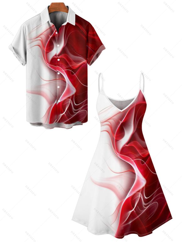 Vacation Couple Outfit Contrast Color Printed Spaghetti Strap V Neck A Line Mini Tank Dress and Button Up Shirt Casual Matching Outfit - Rouge S | US 4
