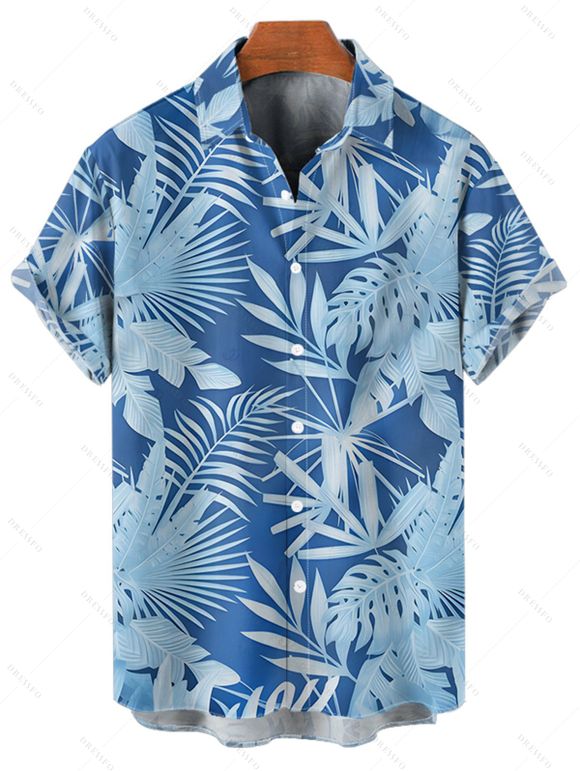 Chemise de vacances à imprimé feuilles et plantes pour homme, boutonnée, manches courtes et retroussables, idéale pour la plage - Bleu Ciel 5XL