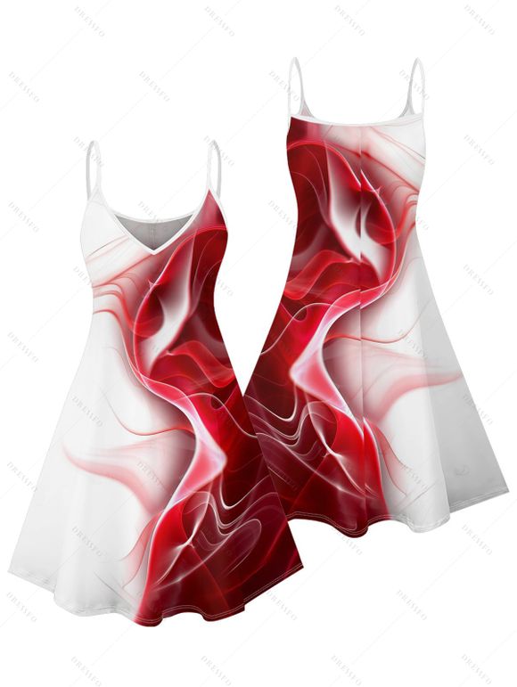 Vacation Couple Outfit Contrast Color Printed Spaghetti Strap V Neck A Line Mini Tank Dress and Button Up Shirt Casual Matching Outfit - Rouge S | US 4