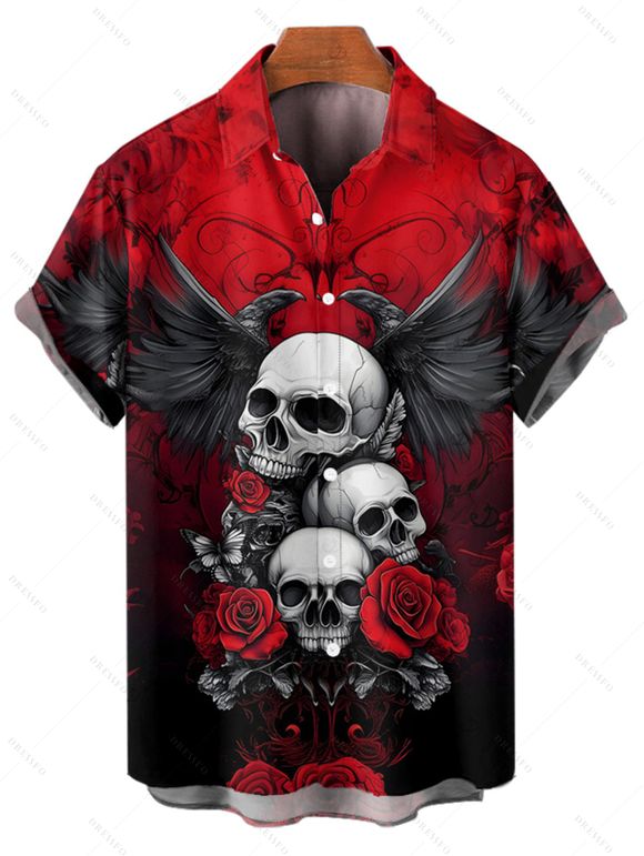 Chemise gothique à manches courtes et boutons pour homme, motif floral, papillon, aigle, motif tête de mort, vacances - Rouge 5XL