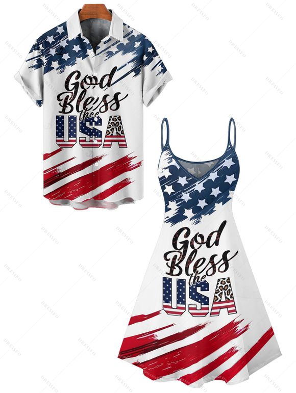 Independence Day Couple Outfit American Flag Elements Letter Pattern Spaghetti Strap Tank Dress and Button Up Shirt Patriotic Matching Outfit - multicolor S | US 4