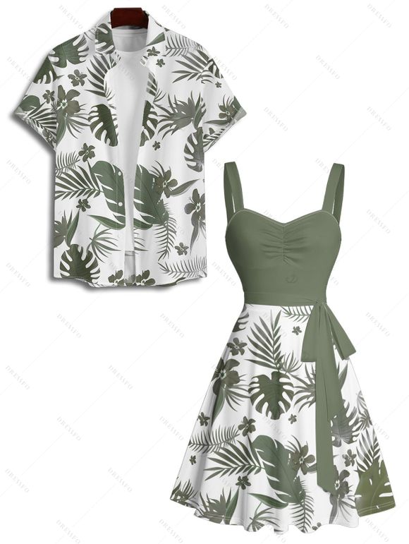 Vacation Couple Outfit Floral Leaf Pattern Ruched Bust Belt Sweetheart Neck Dress and Button Up Shirt Beach Matching Outfit - Vert profond S | US 4