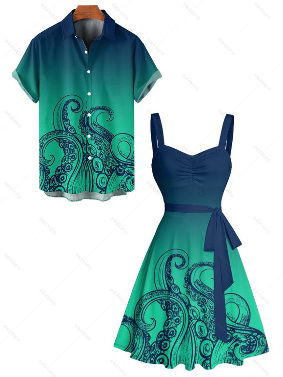 Vacation Couple Outfit Ombre Octopus Pattern Ruched Bust Belt Sweetheart Neck Dress and Button Up Shirt Beach Matching Outfit - Vert profond S | US 4
