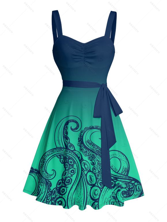 Vacation Couple Outfit Ombre Octopus Pattern Ruched Bust Belt Sweetheart Neck Dress and Button Up Shirt Beach Matching Outfit - Vert profond S | US 4