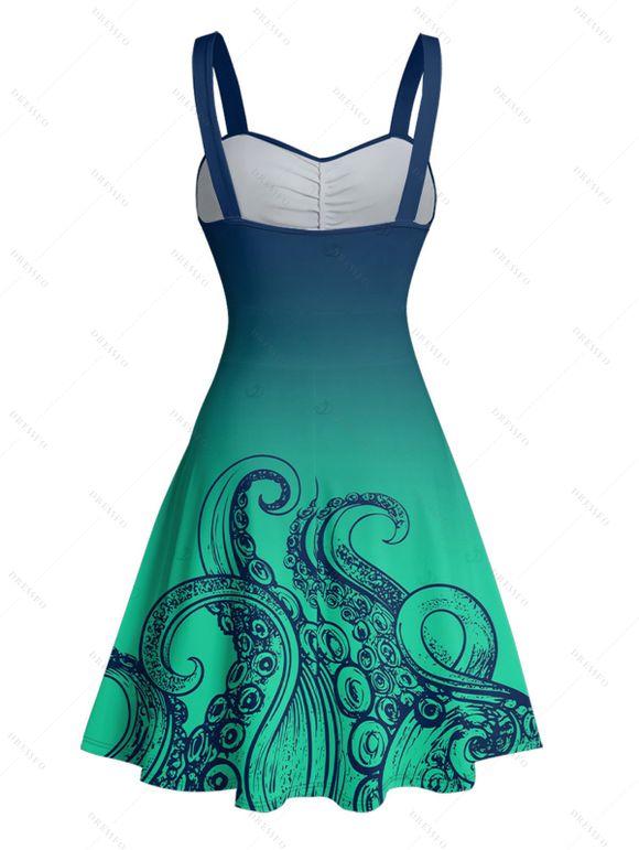 Vacation Couple Outfit Ombre Octopus Pattern Ruched Bust Belt Sweetheart Neck Dress and Button Up Shirt Beach Matching Outfit - Vert profond S | US 4