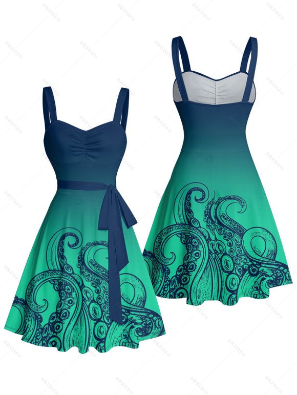Vacation Couple Outfit Ombre Octopus Pattern Ruched Bust Belt Sweetheart Neck Dress and Button Up Shirt Beach Matching Outfit - Vert profond S | US 4