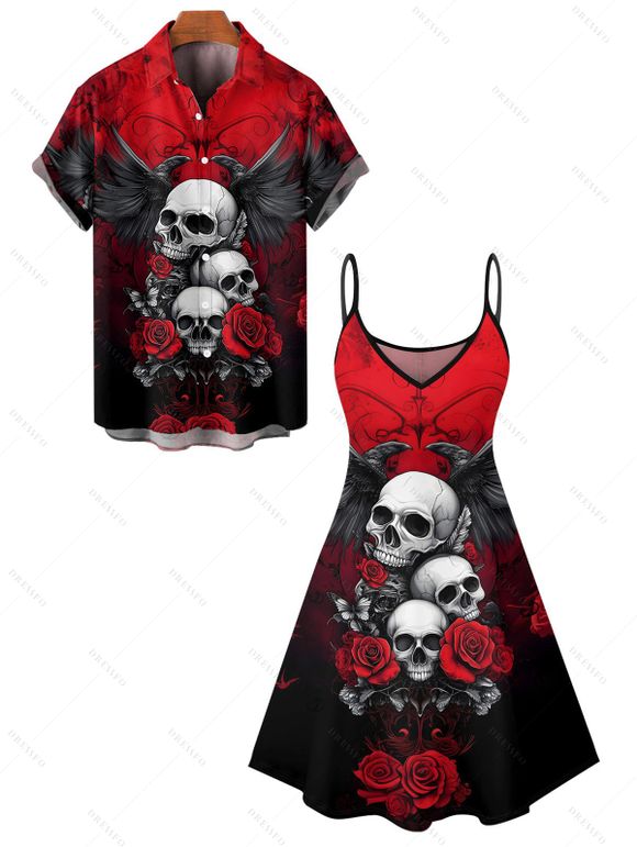Gothic Couple Outfit Skulls Floral Butterfly Eagle Pattern Spaghetti Strap Tank Dress and Button Up Shirt Vacation Matching Outfit - Rouge S | US 4