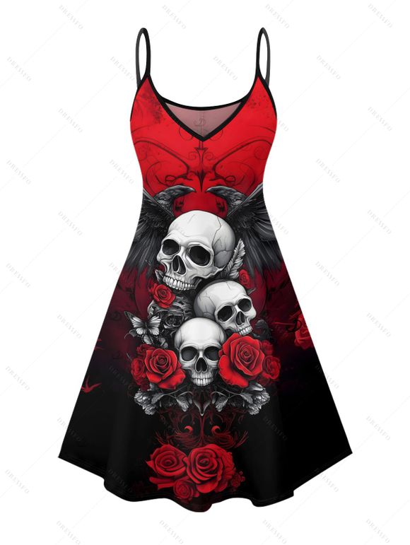 Gothic Couple Outfit Skulls Floral Butterfly Eagle Pattern Spaghetti Strap Tank Dress and Button Up Shirt Vacation Matching Outfit - Rouge S | US 4