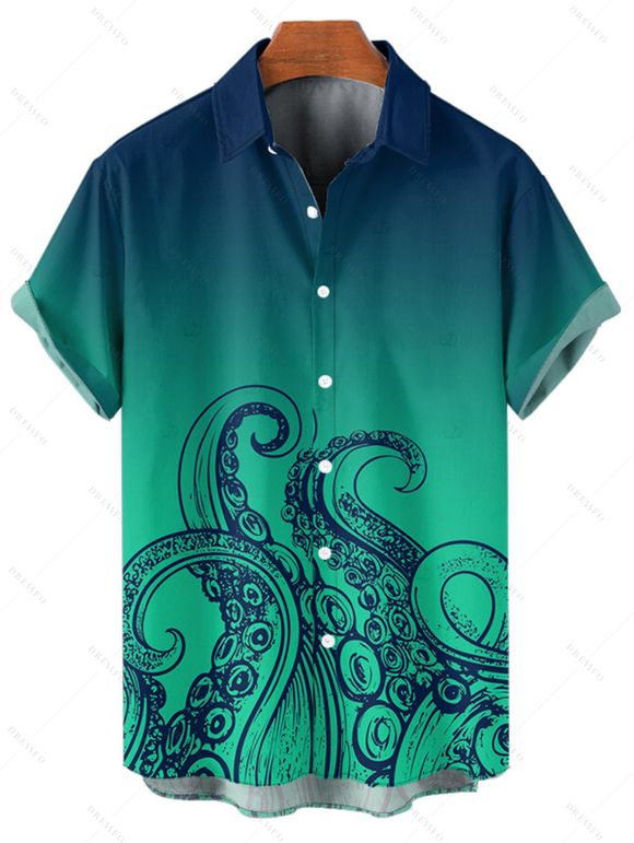 Vacation Couple Outfit Ombre Octopus Pattern Ruched Bust Belt Sweetheart Neck Dress and Button Up Shirt Beach Matching Outfit - Vert profond S | US 4