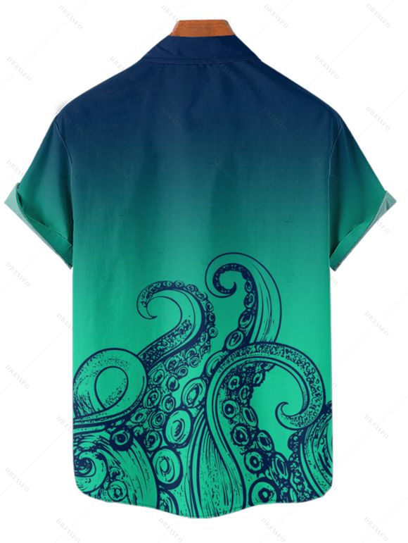 Vacation Couple Outfit Ombre Octopus Pattern Ruched Bust Belt Sweetheart Neck Dress and Button Up Shirt Beach Matching Outfit - Vert profond S | US 4