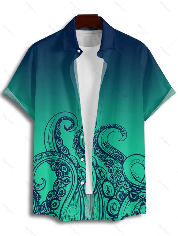 Vacation Couple Outfit Ombre Octopus Pattern Ruched Bust Belt Sweetheart Neck Dress and Button Up Shirt Beach Matching Outfit - Vert profond S | US 4