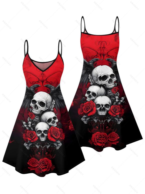 Gothic Couple Outfit Skulls Floral Butterfly Eagle Pattern Spaghetti Strap Tank Dress and Button Up Shirt Vacation Matching Outfit - Rouge S | US 4