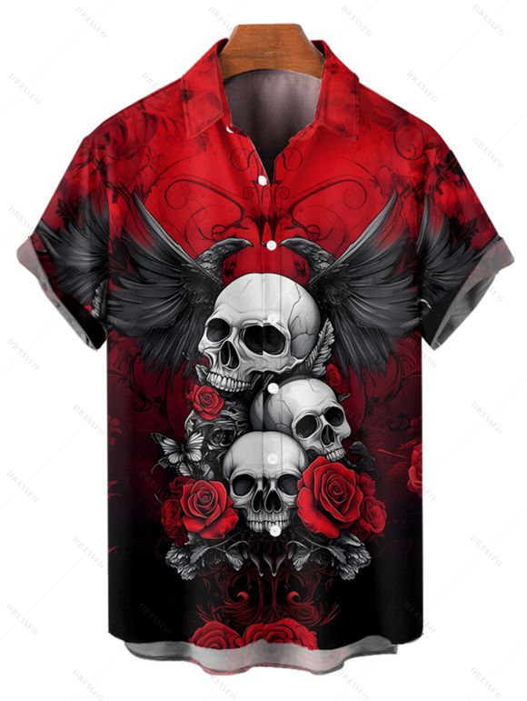 Gothic Couple Outfit Skulls Floral Butterfly Eagle Pattern Spaghetti Strap Tank Dress and Button Up Shirt Vacation Matching Outfit - Rouge S | US 4