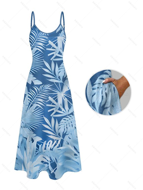 Robe de vacances à motif de feuilles et de plantes, avec poches, bretelles spaghetti réglables, robe de plage longue trapèze - Bleu gris XXL | US 14