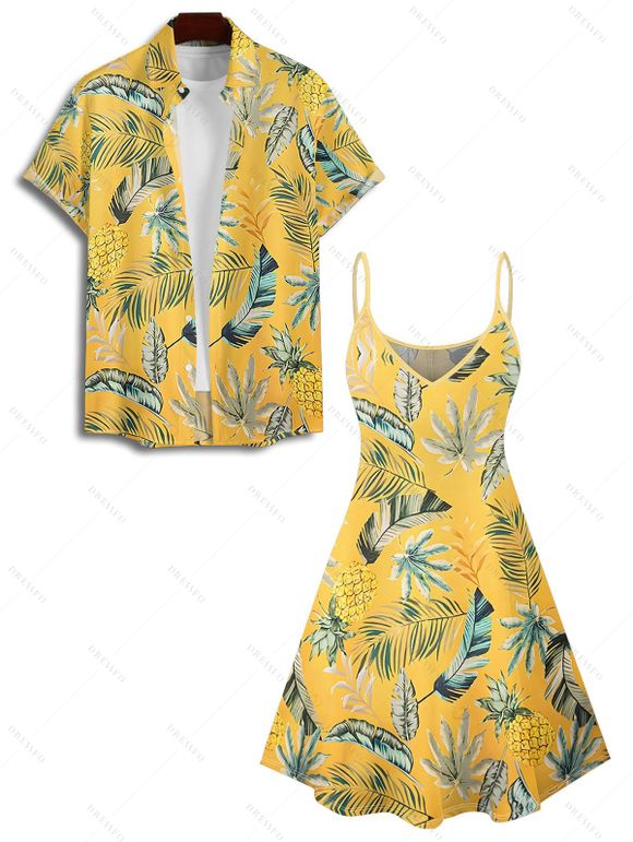 Vacation Couple Outfit Pineapple Leaf Pattern Spaghetti Strap V Neck A Line Mini Tank Dress and Button Up Shirt Hawaii Matching Outfit - Jaune S | US 4
