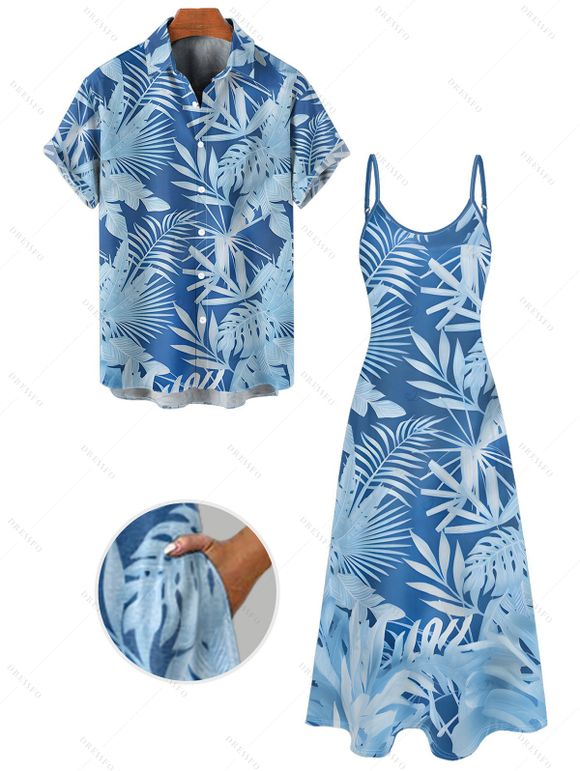 Vacation Couple Outfit Leaf Plant Pattern Pocket Spaghetti Strap A Line Long Dress and Button Up Shirt Beach Matching Outfit - Bleu gris S | US 4