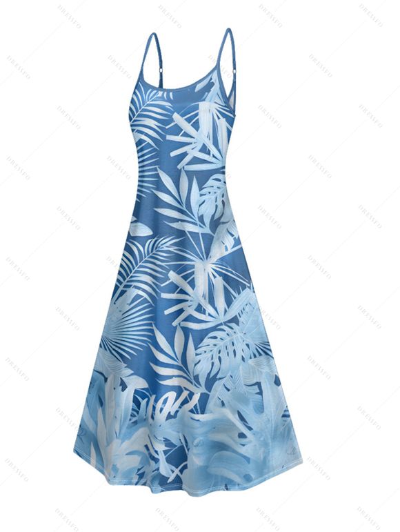 Vacation Couple Outfit Leaf Plant Pattern Pocket Spaghetti Strap A Line Long Dress and Button Up Shirt Beach Matching Outfit - Bleu gris S | US 4