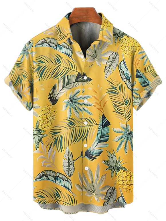 Chemise hawaïenne à manches courtes et boutons pour homme, motif feuilles d'ananas - Jaune 5XL
