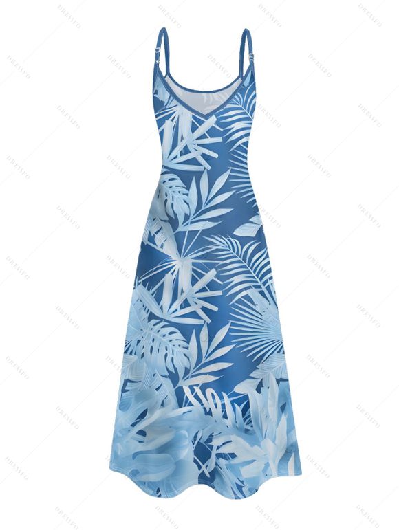 Vacation Couple Outfit Leaf Plant Pattern Pocket Spaghetti Strap A Line Long Dress and Button Up Shirt Beach Matching Outfit - Bleu gris S | US 4