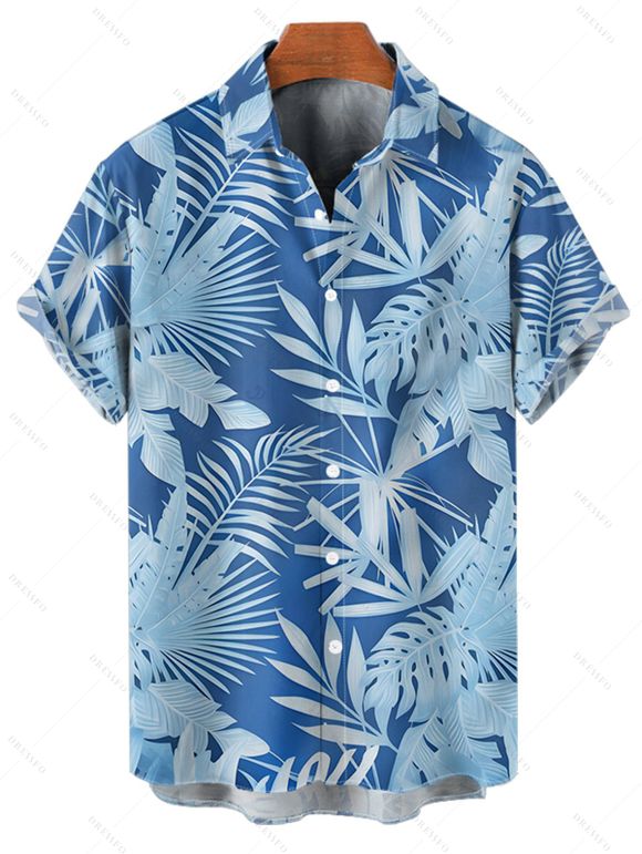 Vacation Couple Outfit Leaf Plant Pattern Pocket Spaghetti Strap A Line Long Dress and Button Up Shirt Beach Matching Outfit - Bleu gris S | US 4