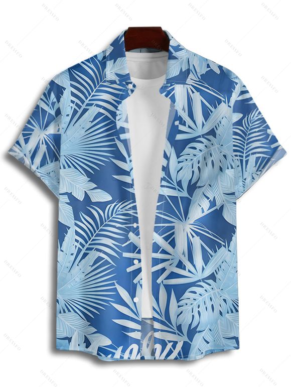 Vacation Couple Outfit Leaf Plant Pattern Pocket Spaghetti Strap A Line Long Dress and Button Up Shirt Beach Matching Outfit - Bleu gris S | US 4