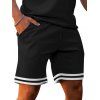 Ensemble deux pièces pour homme, décontracté, rayé, avec t-shirt boutonné 1/4 et short à taille élastique avec cordon de serrage - Noir XXXL