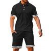 Ensemble deux pièces pour homme, décontracté, rayé, avec t-shirt boutonné 1/4 et short à taille élastique avec cordon de serrage - Noir XXXL