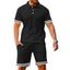 Ensemble deux pièces pour homme, décontracté, rayé, avec t-shirt boutonné 1/4 et short à taille élastique avec cordon de serrage - Noir XXXL