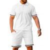 Ensemble deux pièces pour homme, décontracté, rayé, avec t-shirt boutonné 1/4 et short à taille élastique avec cordon de serrage - Blanc XXXL