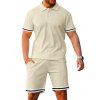 Ensemble deux pièces pour homme, décontracté, rayé, avec t-shirt boutonné 1/4 et short à taille élastique avec cordon de serrage - Abricot XXXL
