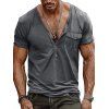 T-shirt à manches courtes et col en V pour homme, couleur unie, avec poche avant à demi-bouton, style décontracté - Gris XXXL | US 14