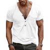T-shirt à manches courtes et col en V pour homme, couleur unie, avec poche avant à demi-bouton, style décontracté - Blanc XXXL