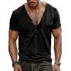 T-shirt à manches courtes et col en V pour homme, couleur unie, avec poche avant à demi-bouton, style décontracté - Noir XXXL
