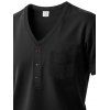T-shirt à manches courtes et col en V pour homme, couleur unie, avec poche avant à demi-bouton, style décontracté - Noir XXXL