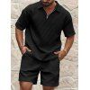 Ensemble deux pièces pour homme, décontracté, couleur unie, texturé, fermeture éclair 1/4, col rabattu, t-shirt et short à taille élastique avec cordon de serrage - Noir XXXL