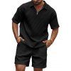Ensemble deux pièces pour homme, décontracté, couleur unie, texturé, fermeture éclair 1/4, col rabattu, t-shirt et short à taille élastique avec cordon de serrage - Noir XXXL