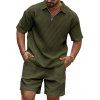 Ensemble deux pièces pour homme, décontracté, couleur unie, texturé, fermeture éclair 1/4, col rabattu, t-shirt et short à taille élastique avec cordon de serrage - Vert XXXL