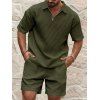 Ensemble deux pièces pour homme, décontracté, couleur unie, texturé, fermeture éclair 1/4, col rabattu, t-shirt et short à taille élastique avec cordon de serrage - Vert XXXL
